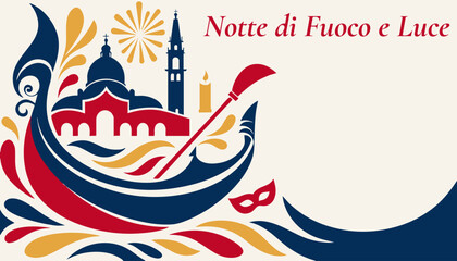 Bold flat Venice festival art with sweeping gestures, oversized basilica, firework, scale contrast for celebration web design © Aleksandr