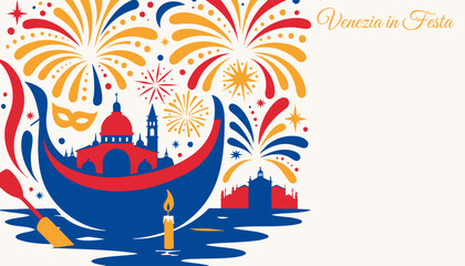Festa del Redentore wide illustration with chromatic harmony, pontoon bridge, festive gold palette, visual rhythm for web use © Aleksandr
