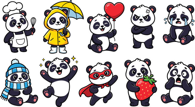 Cute Cartoon Panda Bear Mascot Character Set with Different Outfits Emotions Costumes and Expressions for Baby Shower Patterns and Children Designs
