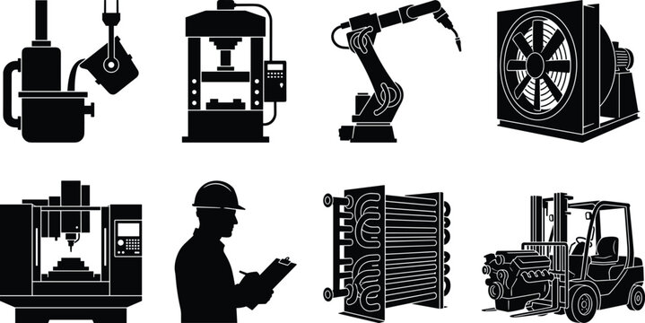 Heavy industry and manufacturing vector icon set with industrial machinery cnc milling machine forklift and factory worker