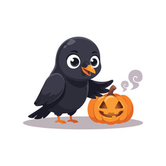 Obraz premium Cute cartoon black bird with a jack-o'-lantern pumpkin, halloween theme crow raven