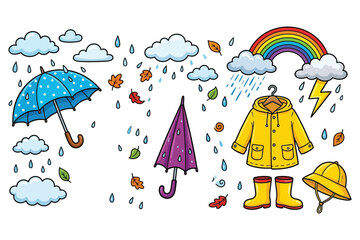 Naklejka premium Rainy Weather Elements: Umbrellas Raincoat Boots and Rainbow
