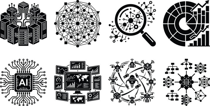 Set of artificial intelligence and big data black glyph icons representing machine learning network and data science