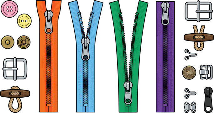 Sewing Fasteners Vector Icon Set with Colorful Zippers Metal Buckles Buttons and Toggle Closures for Fashion Graphic Designs
