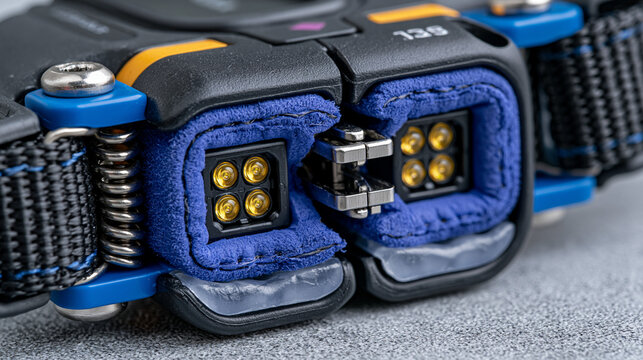Pulse oximeter fingertip sensor clip open jaw close detail, dual wavelength photodiode emitter and detector windows visible inside padded interior, medical diagnostic equipment showing spring tensio