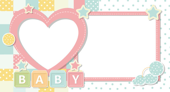Sweet baby photo frame template featuring a large heart-shaped cutout, colorful alphabet blocks, and various pastel patterns and shapes.