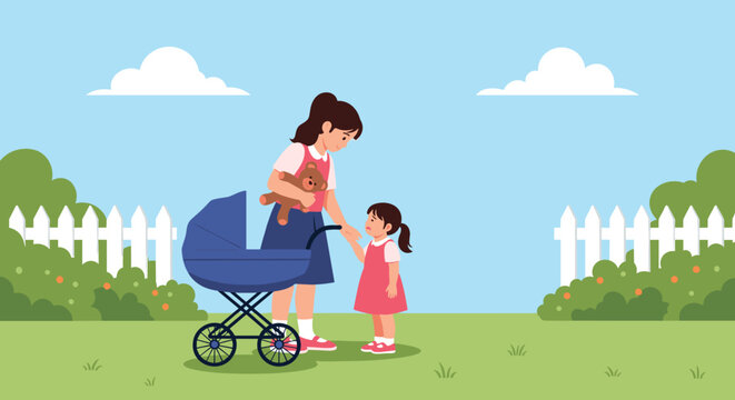 Caring mother or teacher taking care of a crying child next to a blue baby stroller in a peaceful park with a white fence and bushes.