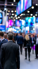 Naklejka premium Business professionals walking through a busy trade show exhibition hall, representing networking, commerce, innovation and industry events.