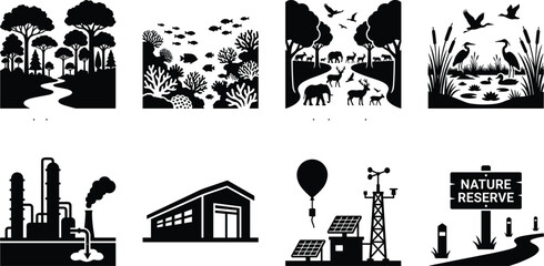 Fototapeta premium Environmental conservation and ecological monitoring concept icons set vector solid black silhouettes isolated on white background