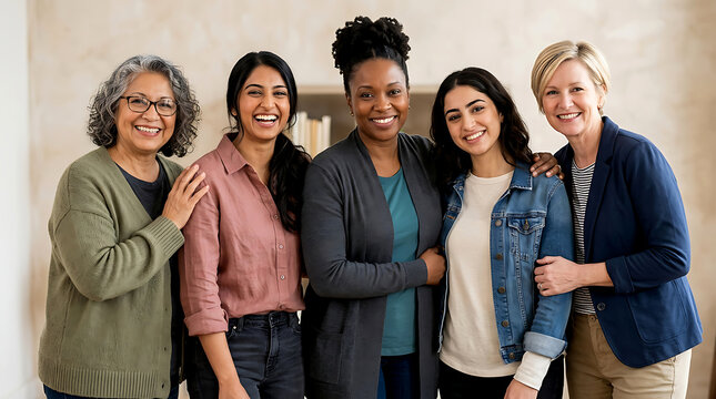 Group of happy diverse women of different ages standing together and smiling in a bright office space