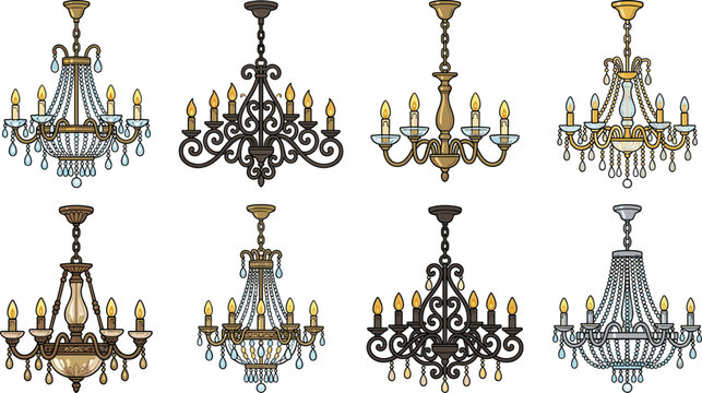 Luxury Crystal Chandelier Vector Icon Set with Vintage Classic and Antique Hanging Ceiling Light Fixtures for Interior Designs