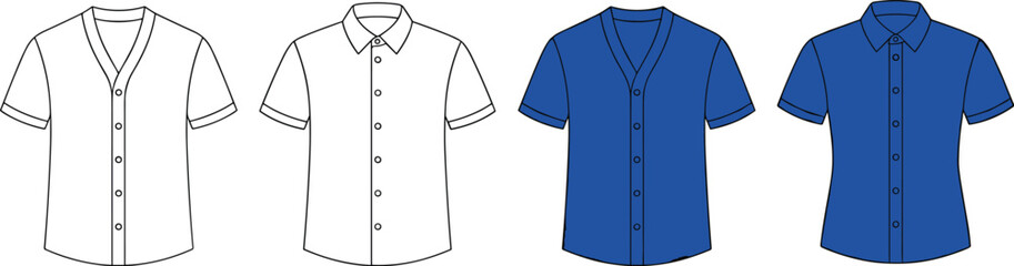 Naklejka premium Shirt icons with V‑neck and collared button‑down outline and colored variations vector illustration artwork
