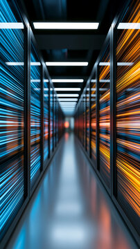 Rows of illuminated server racks in a modern data center, representing cloud computing, digital infrastructure and high speed data processing.