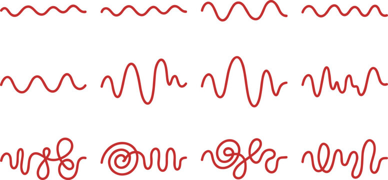 Red wavy line icons with sinusoidal oscillation curly spiral variations vector illustration artwork