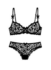 Elegant black lace lingerie set illustration featuring bra and panties with floral lace pattern and bow details. Feminine fashion underwear silhouette isolated on white background, perfect for bridal  © ka_lou