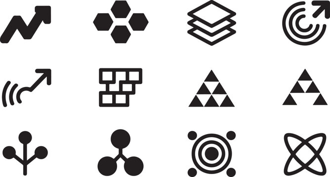 black vector silhouette icons including geometric shapes, abstract symbols, minimalist floral patterns, and complex mandalas isolated on a white background for design projects.