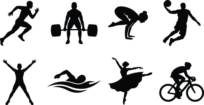 Set of black silhouette sport and fitness icons featuring running, swimming, cycling, weightlifting, and dancing