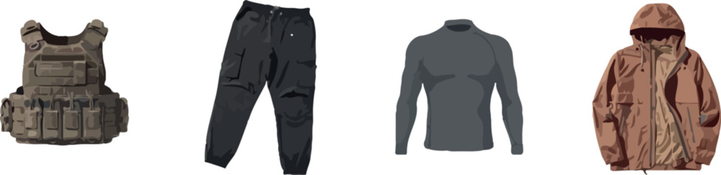 Flat vector illustration of a tactical military survival clothing set including camouflage plate carrier vest combat cargo pants grey undershirt and hooded jacket