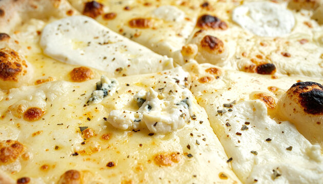 Indulge in this gourmet four cheese pizza closeup. Nobody is present, highlighting the gooey, melted mozzarella, creamy gorgonzola, and golden crust perfect for food blogging.