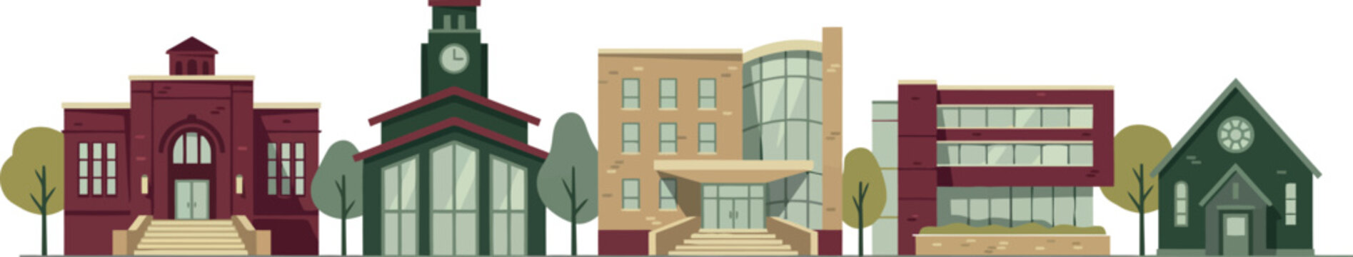 Flat vector illustration of a university campus or school building row set with library clock tower classroom facilities and church
