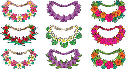 Hawaiian Flower Lei Vector Icon Set with Tropical Hibiscus Plumeria Orchid and Bird of Paradise Floral Necklaces © Ruhul