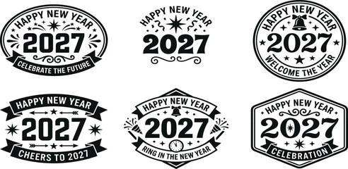 Obraz premium Happy New Year 2027 Vintage Retro Badge and Emblem Collection with Ribbons Stars Bells and Midnight Clock Typography Designs