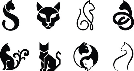 Minimalist black cat logo vector collection featuring elegant feline silhouettes, geometric shapes, and line art © Mokbul