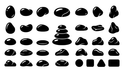 Black and white stone icon collection with smooth pebbles and natural rock shapes © Romjan 