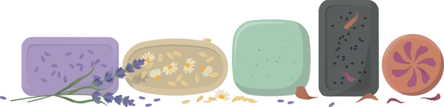 Flat vector illustration of handmade organic natural bar soap collection with lavender oatmeal herbal olive oil charcoal and citrus ingredients