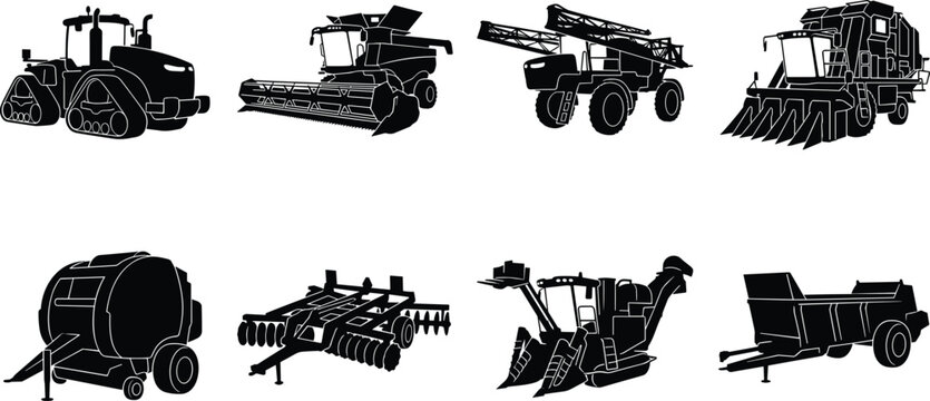 Black silhouette set of heavy agricultural machinery featuring tractors, combine harvesters, and farming equipment