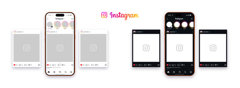 new updated instagram social media post templates interface iphone 17 pro max screen mockup with light and dark mode