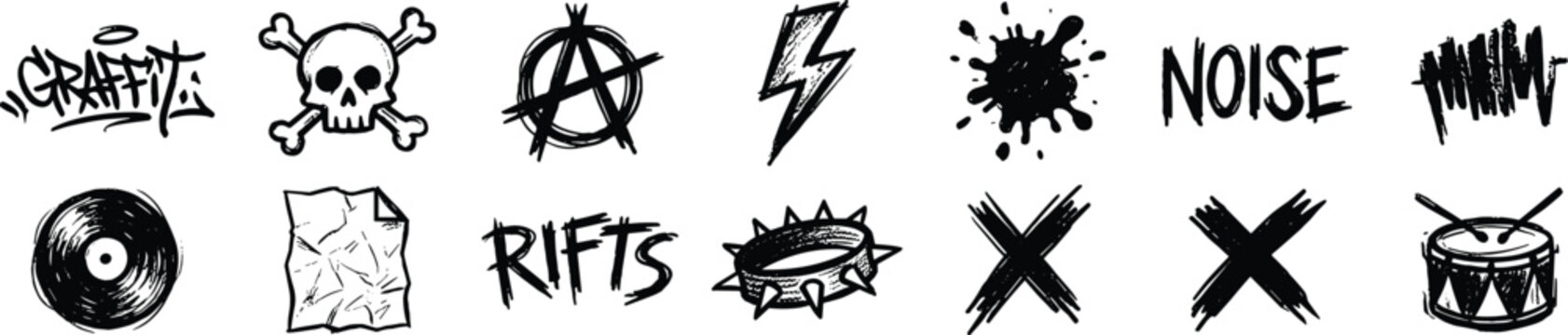 Hand Drawn Punk and Graffiti Icon Set with Skull Anarchy Symbols Vinyl Record and Grungy Elements for Alternative Underground Music Designs