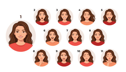 Young woman avatar character set showing various facial expressions and emotional head reactions. Beautiful female, diverse feelings, smiling portrait, crying face, isolated vector.