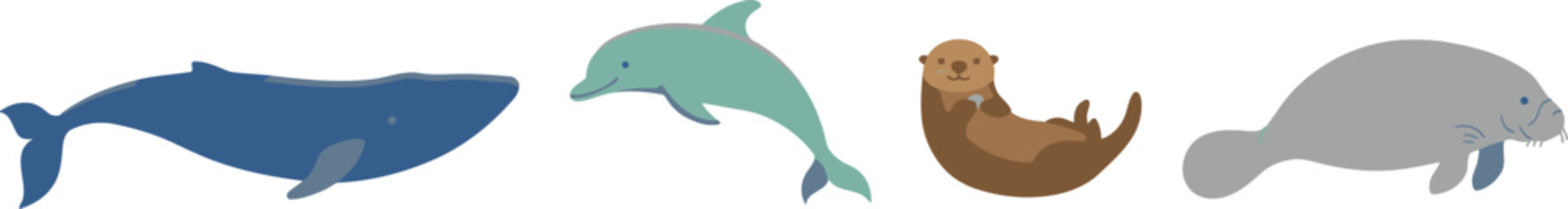 Marine Mammal Vector Set Featuring Blue Whale Dolphin Sea Otter and Dugong Icons for Ocean Wildlife Nature and Education Designs