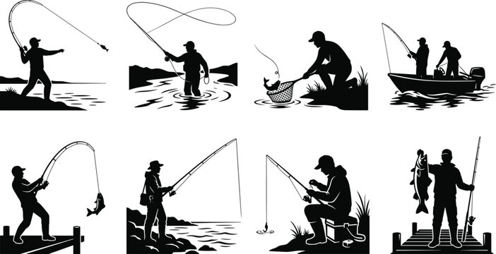 Black silhouette vector set of recreational fishing showing fishermen with rods, boats, and caught fish