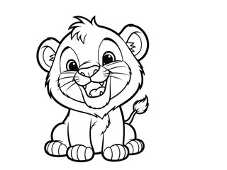 Fototapeta premium Cute lion cub cartoon illustration black and white line art