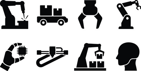 Fototapeta premium Industrial automation and robotics black silhouette icon set with mechanical arms, AI, and manufacturing equipment