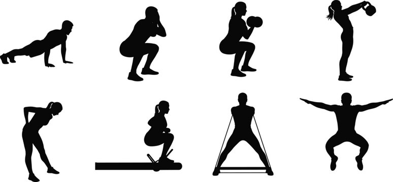 Set of black fitness silhouettes featuring men and women performing various gym workouts strength training and aerobic exercises