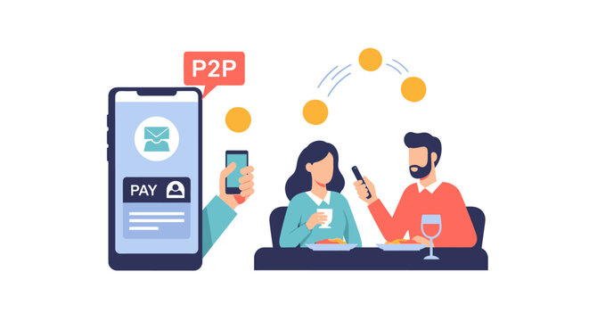 P2P Mobile Payment Concept: Couple Splitting Restaurant Bill via Smartphone App Illustration