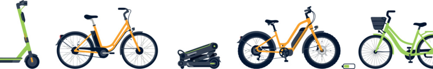 Vector illustration of urban micro mobility transport set including electric scooter ebike fat tire bicycle folding bike and city bicycle © Armina