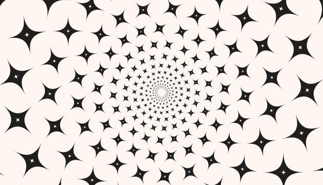 Abstract optical illusion spiral with black four-pointed stars forming a vortex on a cream background.