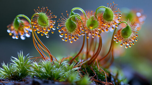 Polytrichum commune moss sporophyte capsule releasing spores through peristome teeth, magnified at extreme close range, cellular filament structures backlit against neutral gradient, bryophyte repro