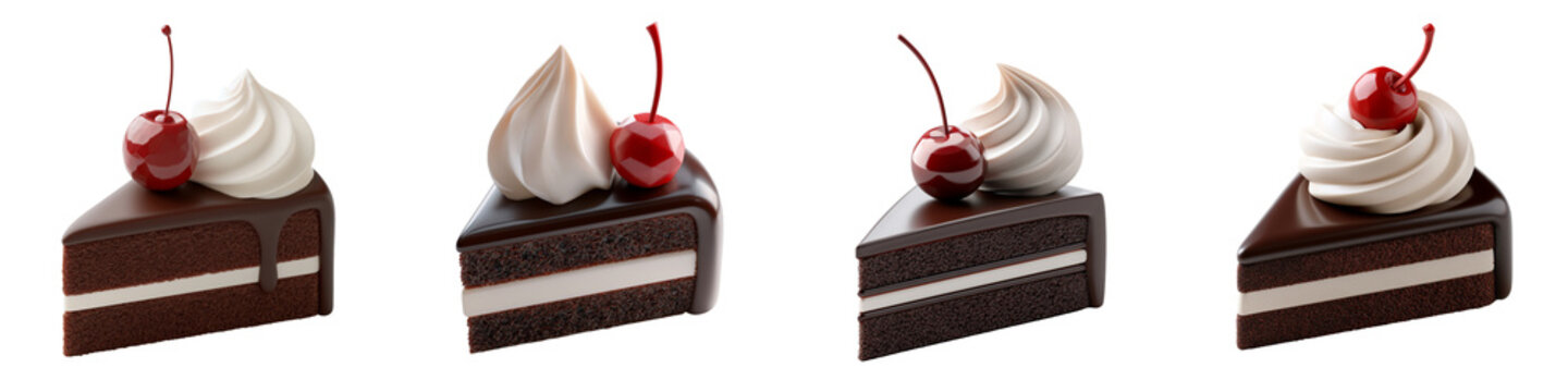 Four slices of chocolate cake with whipped cream and cherries on top isolated on transparent background