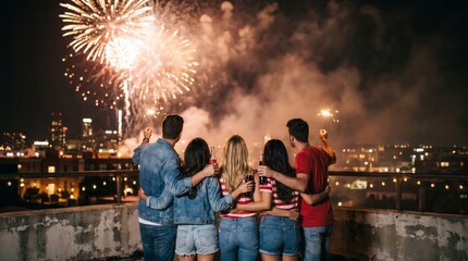 Fototapeta premium Group of friends watching fireworks from a city rooftop at night during celebration