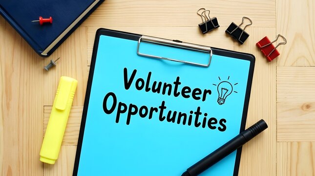 Volunteer Opportunities Clipboard with Lightbulb Icon on Wooden Desk with Office Supplies