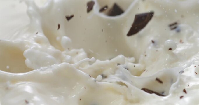 Chocolate chunks falling into milk with splash in super slow motion