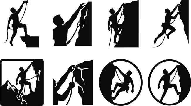 Extreme Rock Climbing and Mountaineering Silhouette Set, Alpinism Rappelling and Bouldering Vector Silhouettes, Outdoor Adventure Sport Bundle