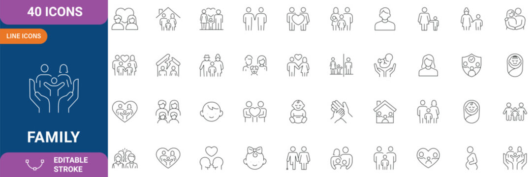 Family line editable icon set. Contain icons related to parenthood, grandparents, children, adoption, and etc. Editable stroke. Vector illustration