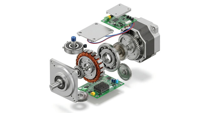 Exploded view of a complex electromechanical motor system with electronic components and gears.