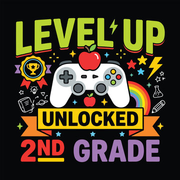 Level Up Unlocked 2nd Grade Retro Vector Design with Video Game Controller and Trophy for Gamer Kids Back to School T Shirt